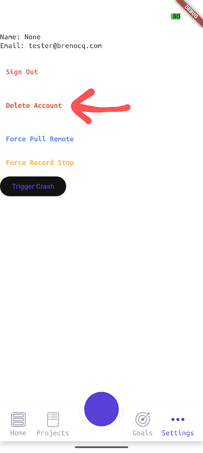 Screenshot of the delete account button in account settings